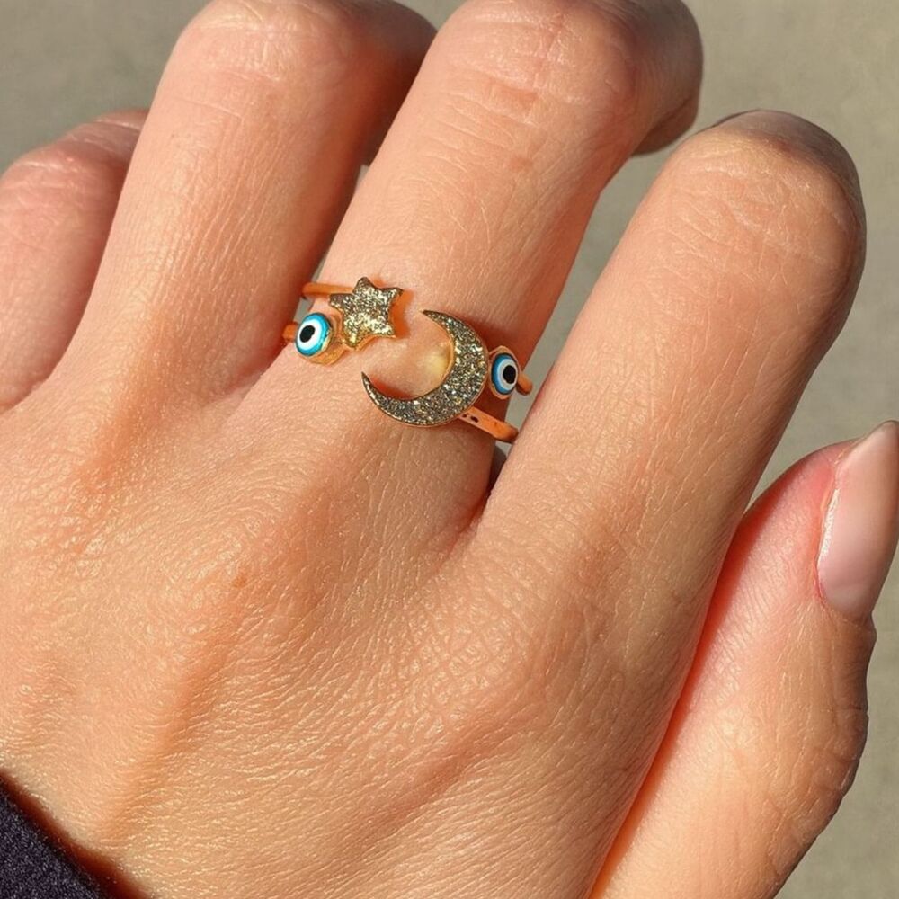 NWB Yellow Gold Plated Pave Crescent Moon & Star Ring w/ Blue Enamel Evil Eye OS